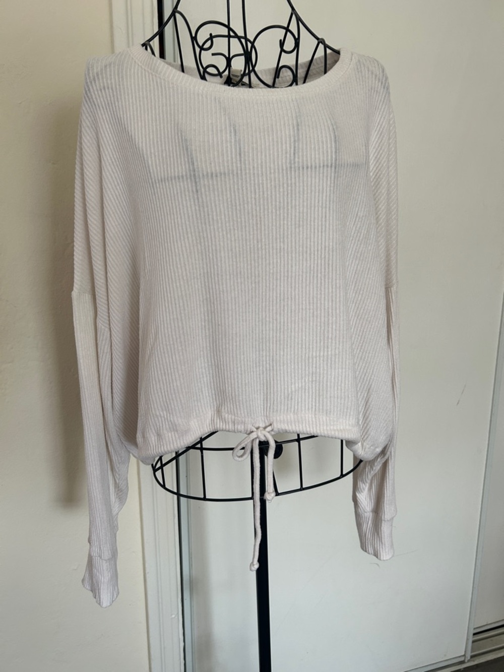 Express White Ribbed Drawstring Long-Sleeve Top Size S